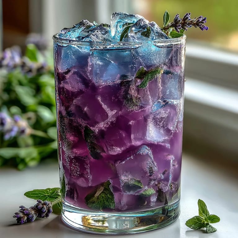 Chilled lavender lemonade infused with fresh mint, garnished with lemon slices and a sprig of mint for a refreshing summer drink.