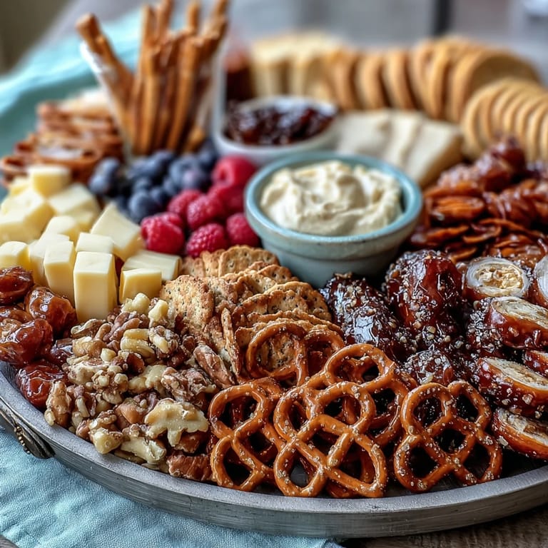 Elegant grad party snack board with assorted cheeses, olives, chocolate pretzels, and fresh vegetables.