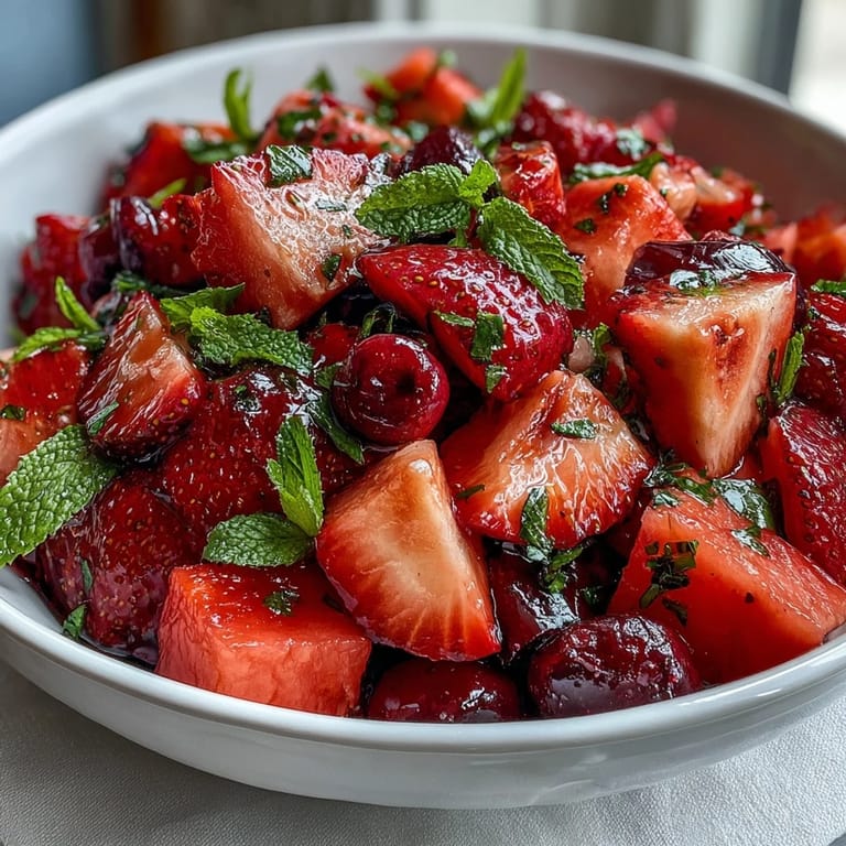 Colorful summer fruit salad featuring ripe strawberries, blueberries, and watermelon, lightly dressed in homemade lemonade for a refreshing taste.