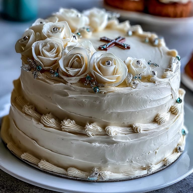 Classic First Communion Cake featuring tender layers, smooth frosting, and handcrafted fondant roses, crowned with a cross.