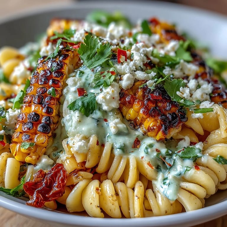 Colorful pasta salad featuring Mexican street corn flavors, tangy Cotija cheese crumbles, and smoky paprika dressing for a summer side.