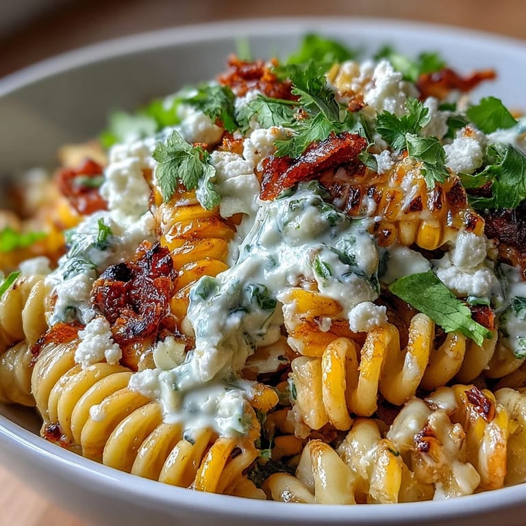 Fresh elote corn pasta tossed with red bell pepper, cilantro, and creamy lime dressing, topped with salty Cotija crumbles.
