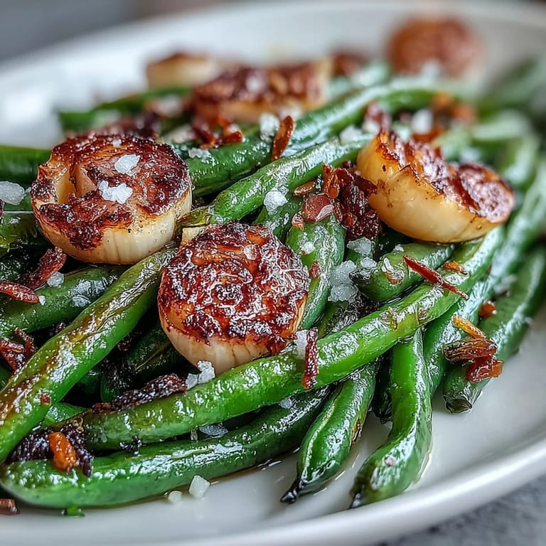 Garlic-roasted green beans tossed in olive oil, finished with lemon zest and optional toasted almonds.