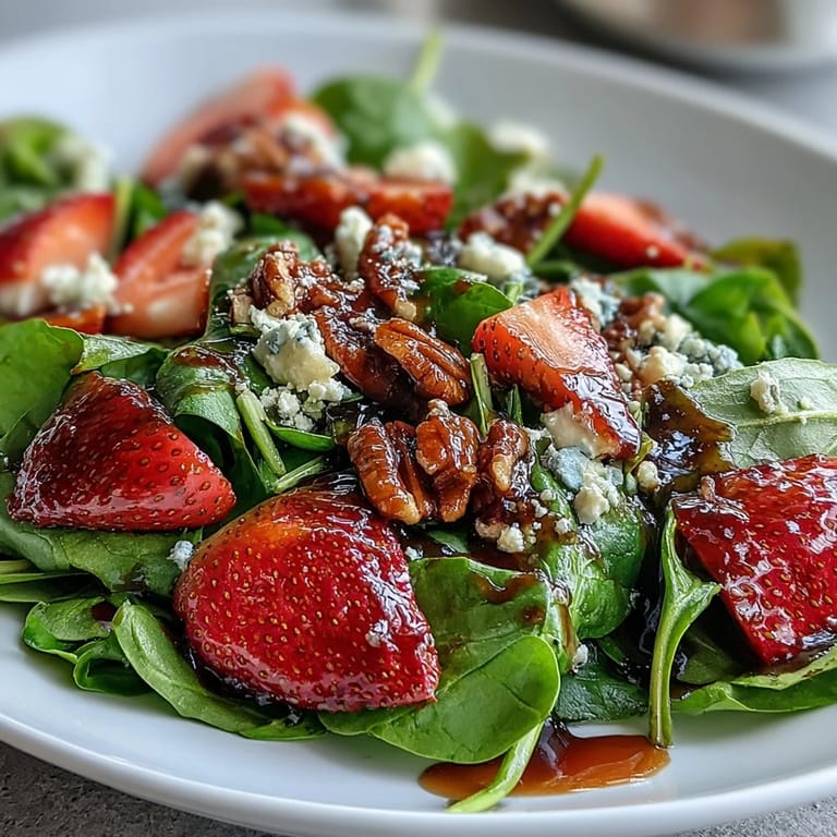 Vibrant strawberry spinach salad featuring ripe berries, goat cheese crumbles, and crunchy candied pecans, served as a refreshing side dish.  