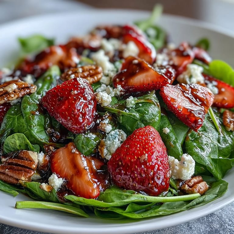 Close-up of spring strawberry spinach salad with sliced strawberries, goat cheese, and candied pecans, drizzled with balsamic vinaigrette.