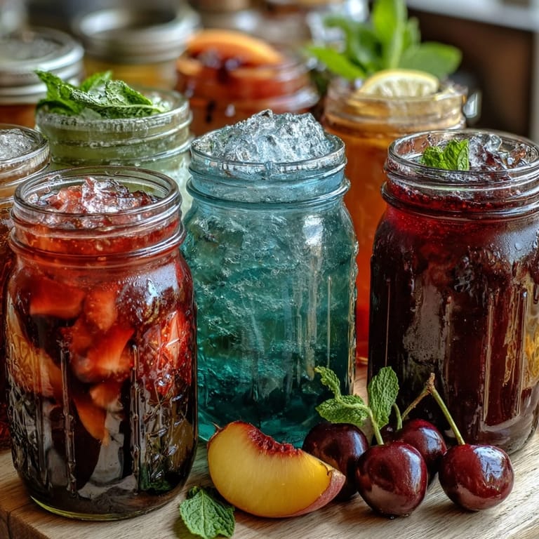 Customizable lemonade bar featuring fresh lemon slices, mint sprigs, and assorted flavor syrups in glass bottles.
