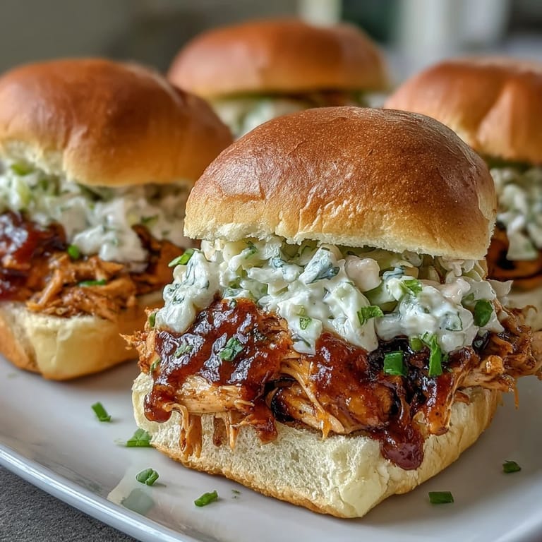 Slow-cooked pulled BBQ chicken sandwiches, bursting with flavor and topped with crisp coleslaw.