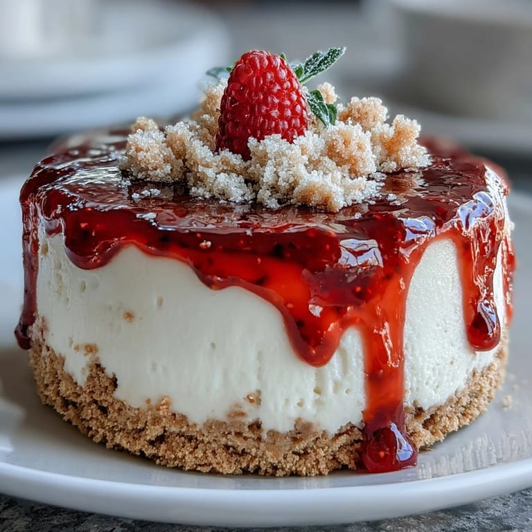 Beautiful Mother's Day no-bake cheesecake, ready to be drizzled with coulis.