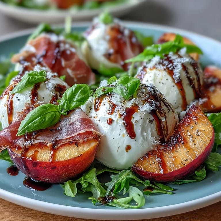 Vibrant summer burrata and peach salad, drizzled with tangy balsamic glaze.