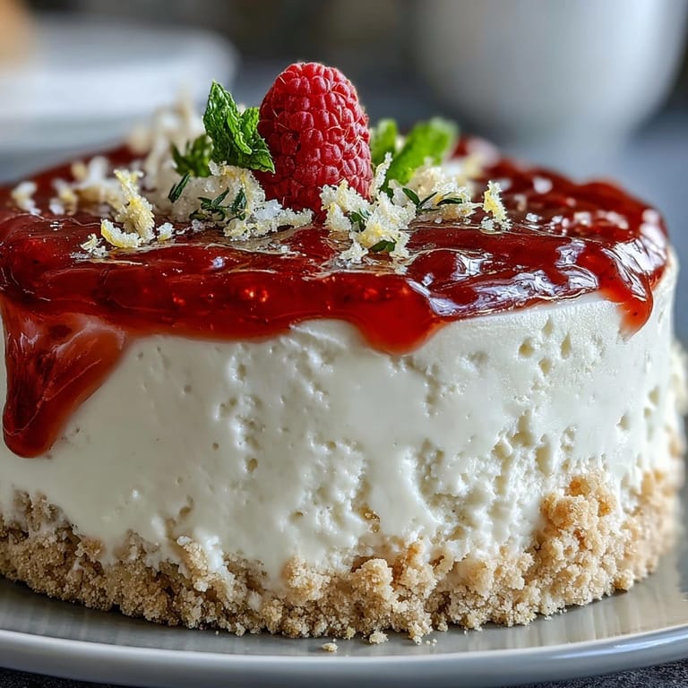 Decadent no-bake cheesecake piled high, topped with rich raspberry sauce.