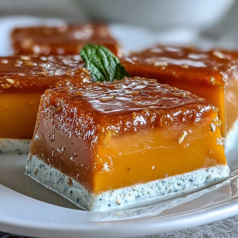 Sweet, chilled mango agar-agar jelly cubes glistening next to rich coconut milk strata.