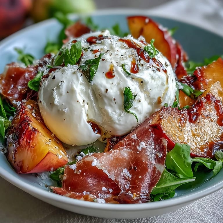 Juicy peaches atop peppery greens with rich burrata and crisp prosciutto.