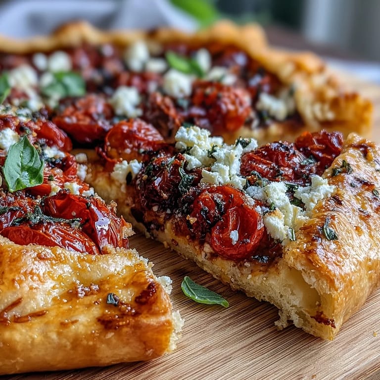 Savory Feta Galette, bubbling tomatoes, perfect rustic appetizer delight.
