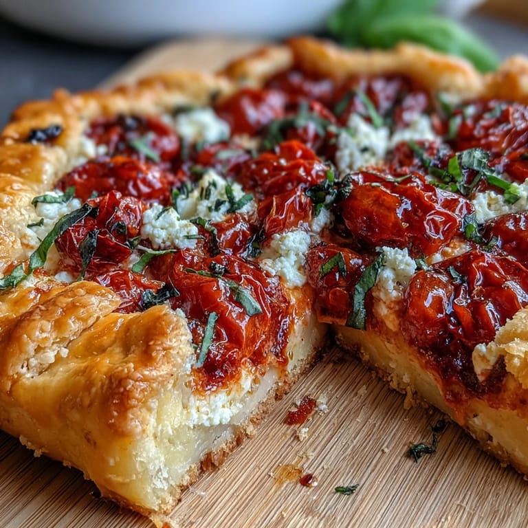 Buttery pastry holds sweet cherry tomatoes, feta cheese, delicious lunch.