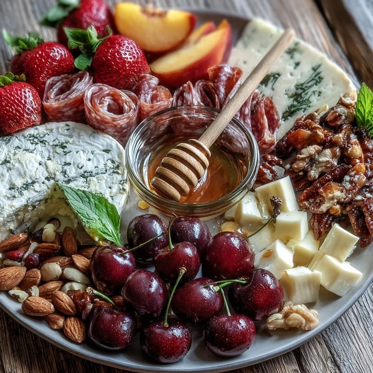 Vibrant Summer Charcuterie Board with fresh fruit, cheese, and honey.