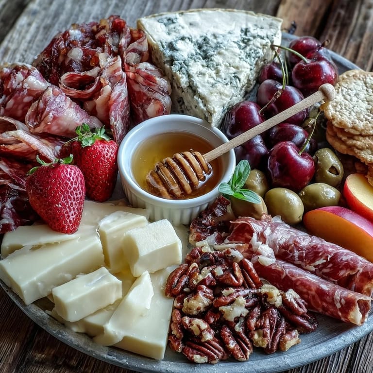 Drizzled honey brightens a colorful Summer Charcuterie Board with fruit and meats.
