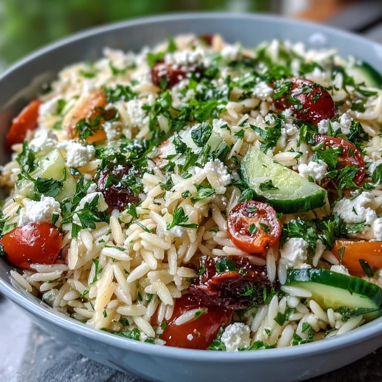 Refreshing Summer Orzo Salad, featuring cherry tomatoes, cucumber, and a zesty lemon dressing.