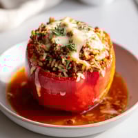 Savory baked stuffed bell peppers, bursting with flavorful ground meat, rice, and melted cheese, ready to enjoy.