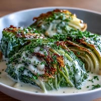 Golden Herby Cabbage in Parmesan Broth simmering in a rustic pot, garnished with fresh thyme and parsley.