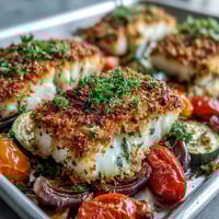 Golden Parmesan Crusted Sheet Pan Fish & Veg fillets roasted with colorful peppers, zucchini, and tomatoes, served fresh from the oven.