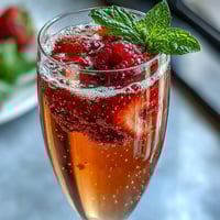 Festive Galentines Brunch Strawberry Bellini Bar with fresh fruit and sparkling wine.