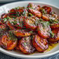 Bright orange honey glazed carrots sprinkled with fresh dill, a colorful and aromatic side dish.  