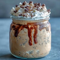 Creamy vanilla bean frappuccino overnight oats with espresso, chia seeds, and Greek yogurt in a jar.  