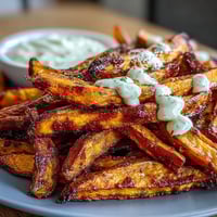 Golden air fryer sweet potato fries with garlic aioli, crispy and seasoned to perfection, perfect for a healthy snack or side dish.  
