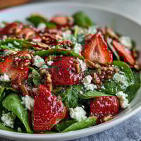 Fresh strawberry spinach salad with poppy seed dressing, bursting with sweet berries, creamy feta, and crunchy pecans in a tangy homemade dressing.