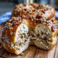 Protein bagels with Greek yogurt and everything seasoning on a baking sheet, golden brown and aromatic.