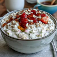 Healthy overnight oats with strawberry and chia, layered with creamy oats, juicy berries, and crunchy nuts for a wholesome breakfast.