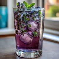 A glass of vibrant lavender lemonade with fresh mint, ice cubes, and lemon slices, served in a clear pitcher.