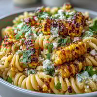 Creamy elote corn pasta salad with Cotija cheese, sweet charred corn, and zesty lime dressing in a vibrant Mexican-inspired dish.