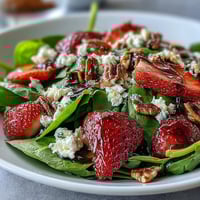 Fresh spring strawberry spinach salad with creamy goat cheese, candied pecans, and tangy balsamic dressing in a large bowl.  