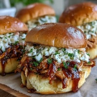 Juicy pulled BBQ chicken piled high on soft buns, perfect for summer cookouts.  