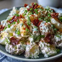 Classic Deviled Egg Potato Salad in a white serving bowl, garnished with paprika and fresh chives, surrounded by Easter eggs and a rustic wooden table setting.