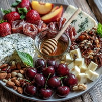 Vibrant Summer Charcuterie Board with fresh fruit, cheese, and honey.